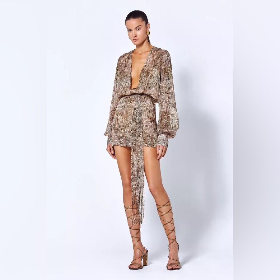 Alexis Intermix *Dula* Leopard Animal Print Boho Sheath Dress W Fringe Belt Xs